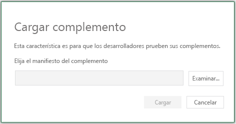 Cuadro de diálogo de carga del complemento con los botones para examinar, cargar y cancelar.