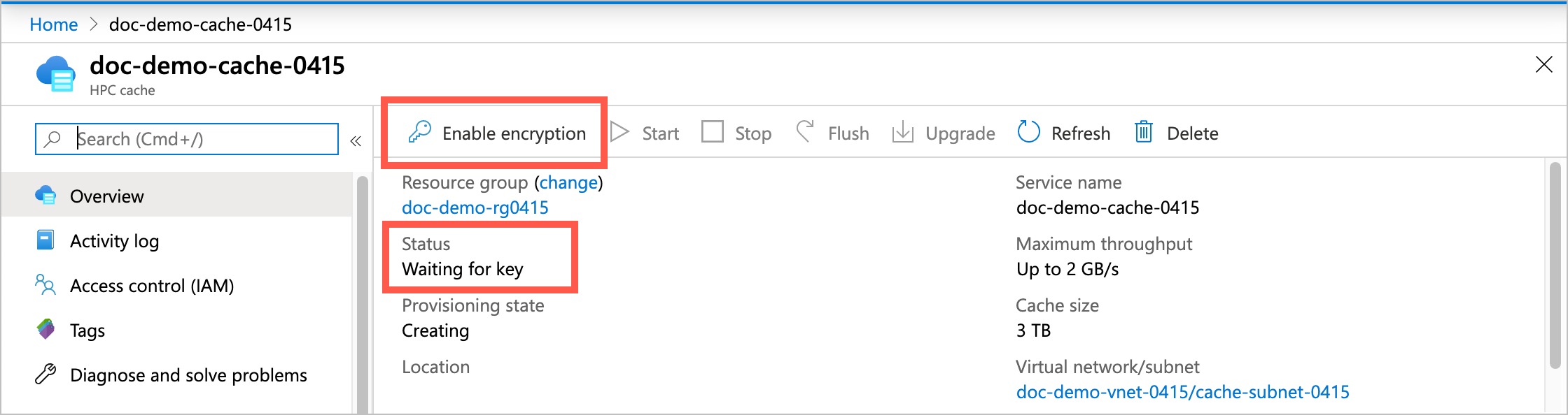 Screenshot of cache overview page in portal, with highlighting on the Enable encryption button (top row) and Status: Waiting for key.