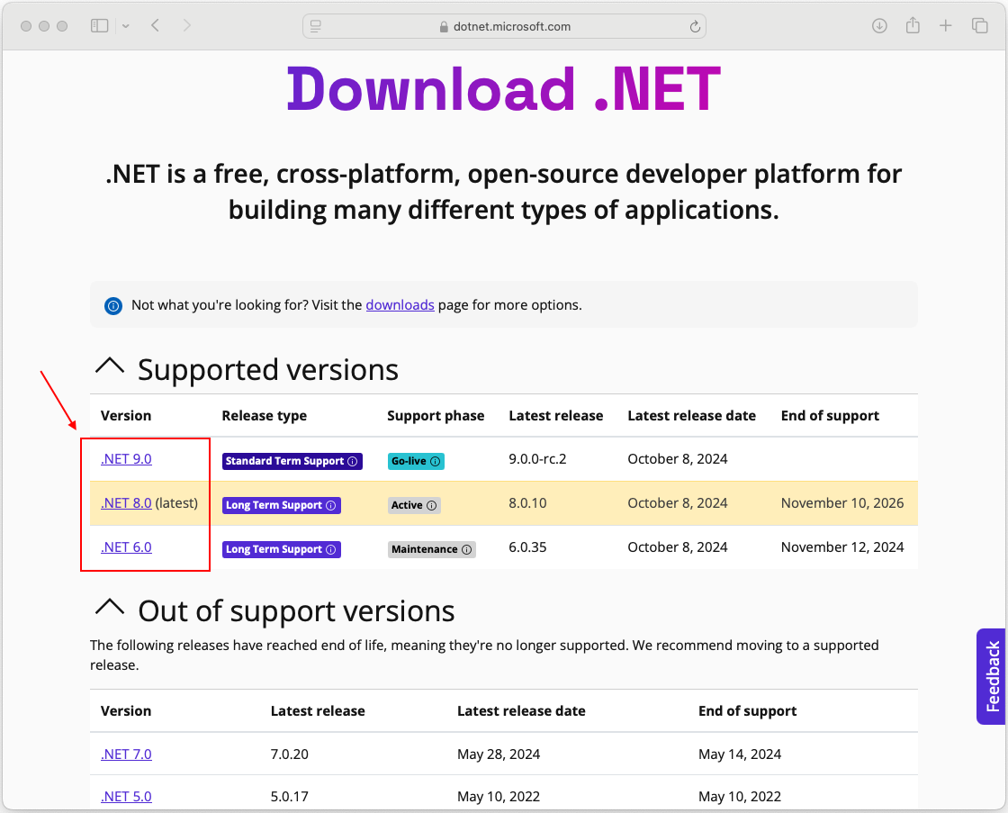 The .NET download website. Versions 6.0 through 9.0 are listed. A red box highlights those download links.