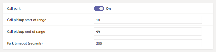 Screenshot of Teams call park policy.