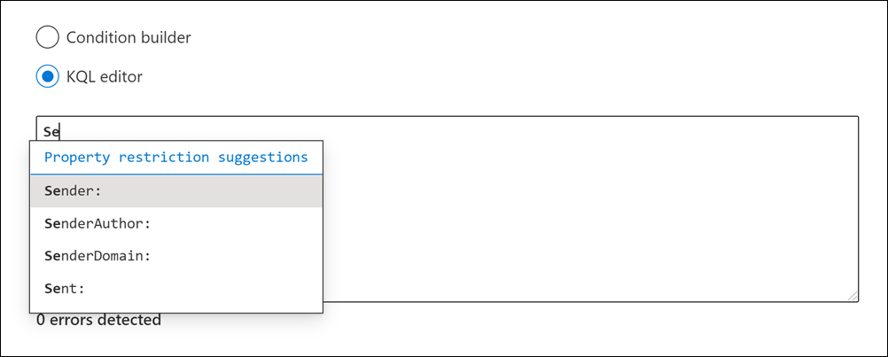 KQL editor suggests supported properties