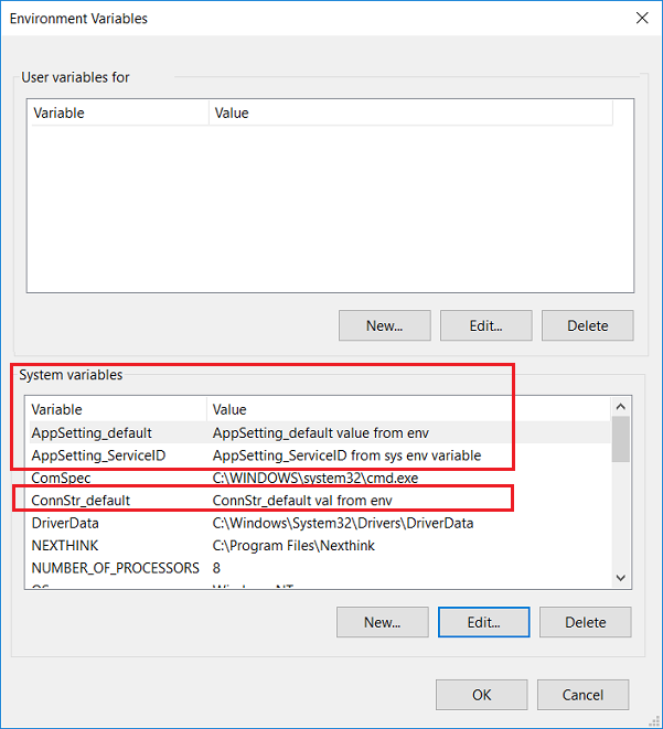 Screenshot shows the Environmental Variables editor with the AppSetting_default, AppSetting_ServiceID, and ConnStr_default variables highlighted.