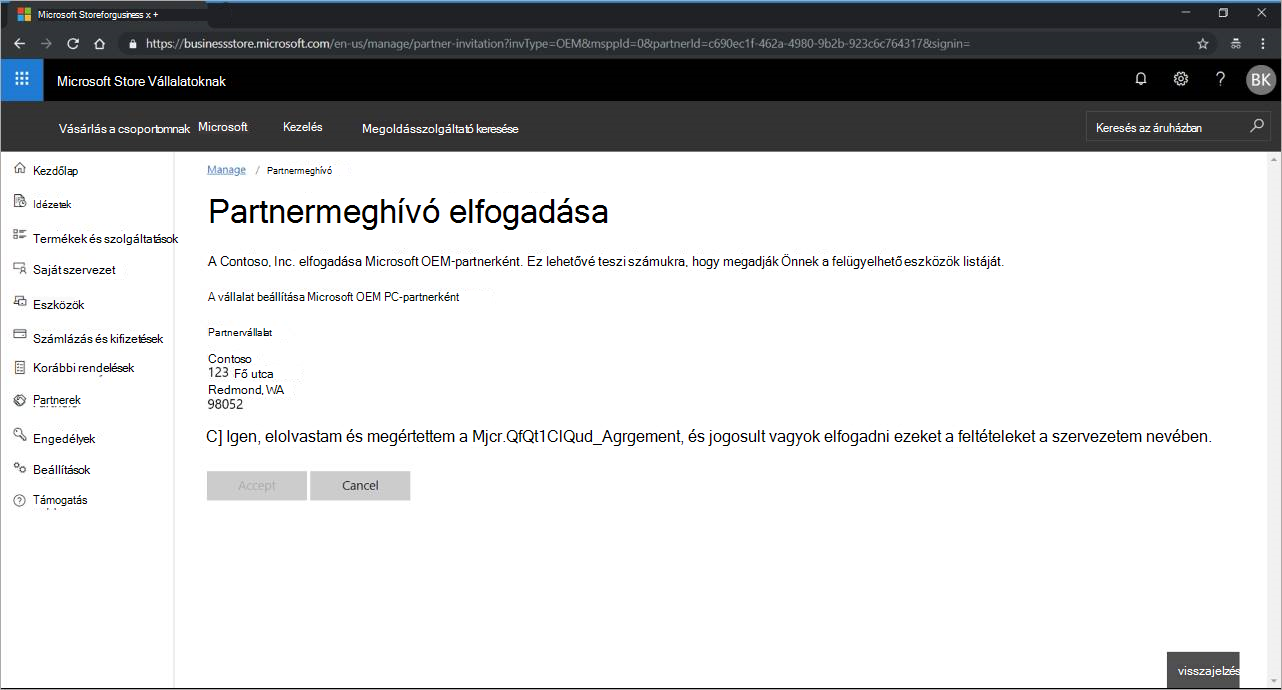 Képernyőkép a Partnermeghívó elfogadása oldalról.