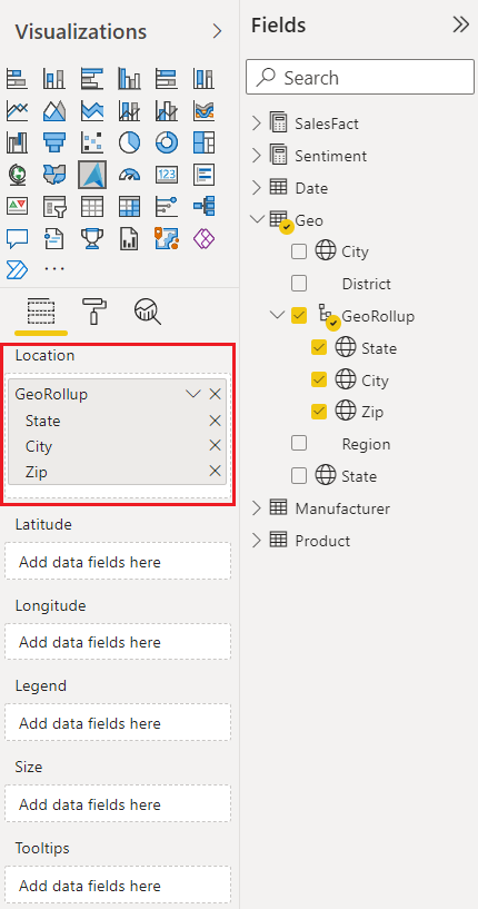 Képernyőkép a Power BI desktop vizualizációiról és mezőiről, kiemelt Azure Maps-vizualizációhelymezővel.