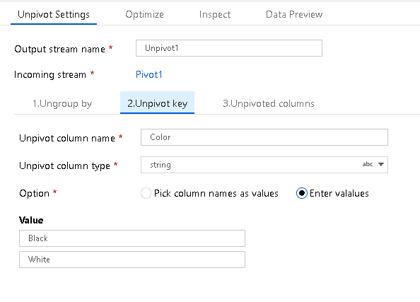 Képernyőkép a Unpivot settings (Unpivot settings) és a Unpivot (Unpivot) billentyűfül kiválasztásáról.