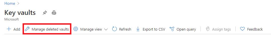 A Key Vaultokon a Törölt tárolók kezelése lehetőség ki van emelve.