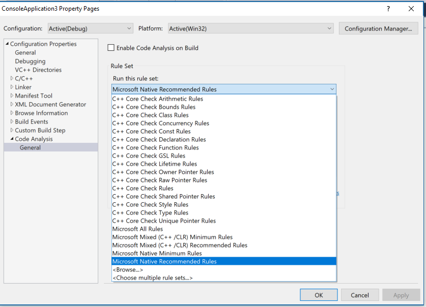 Screenshot of the Property Pages dialog box showing Configuration Properties > Code Analysis > General selected and a number of Core Checks listed in the Run this rule set section.