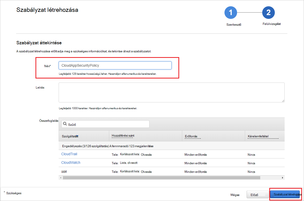 Adja meg az AWS-szabályzat nevét.