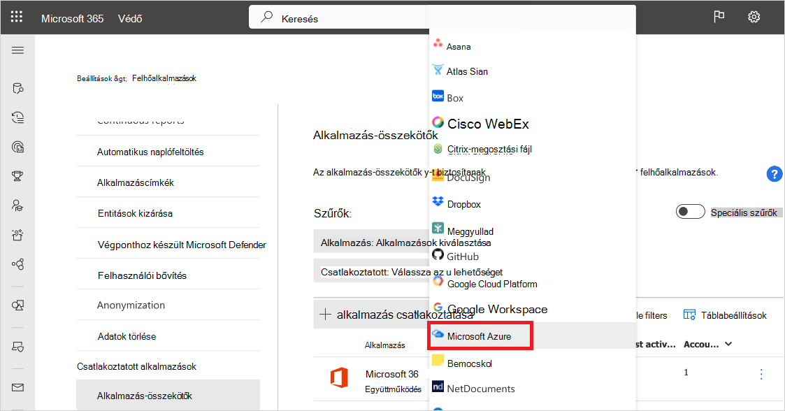 Az Azure csatlakoztatása menüpont.