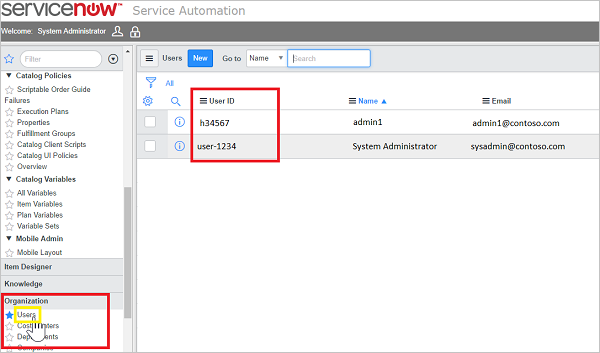 ServiceNow felhasználói azonosító.