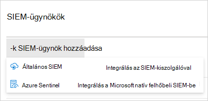 Képernyőkép az Add SIEM integration menu (SIEM-integráció hozzáadása) menüről.