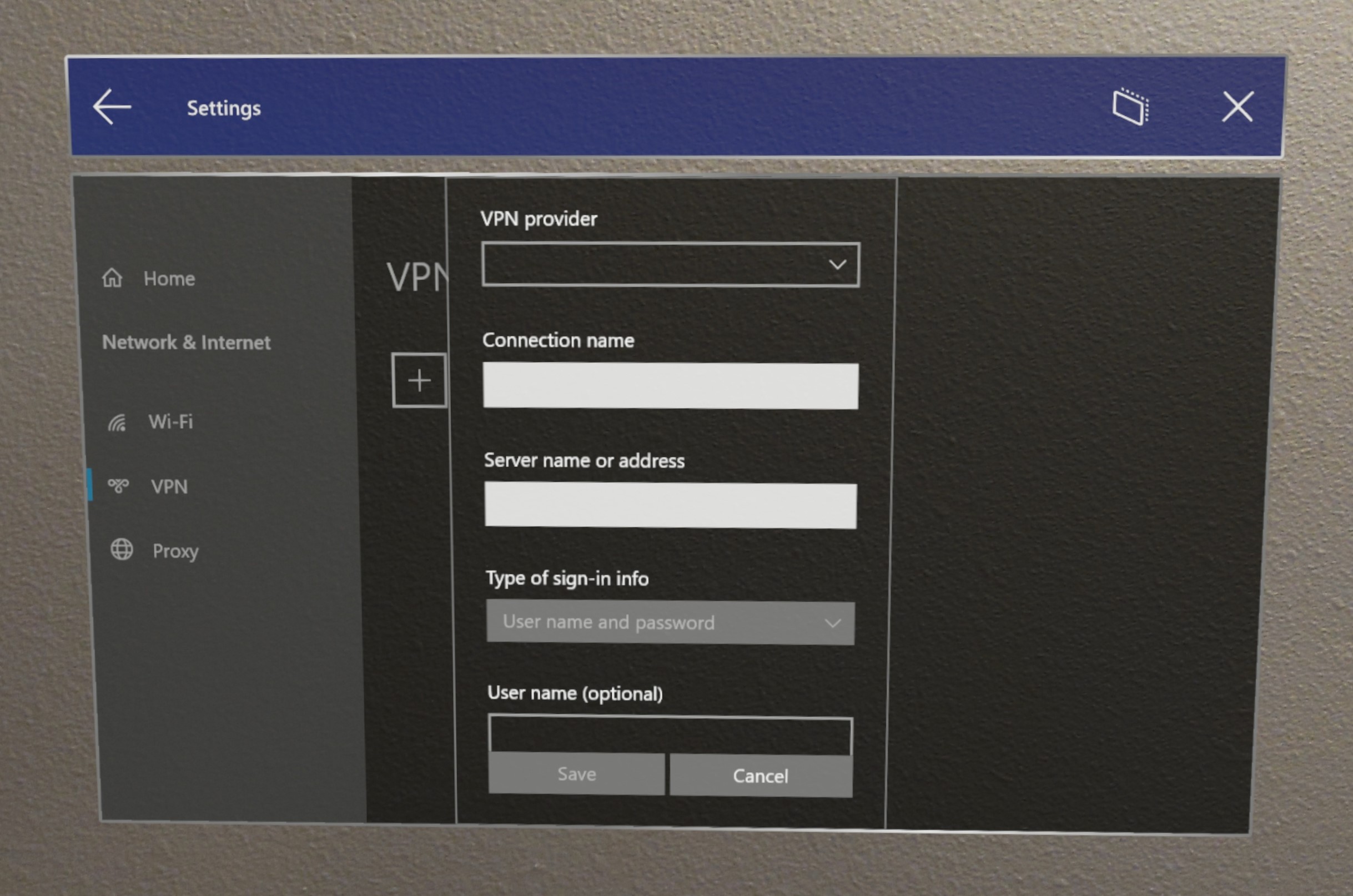 HoloLens VPN-beállítások.