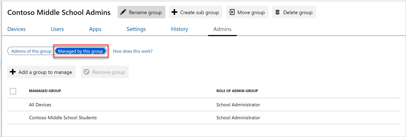 A Csoportok lap Rendszergazda lapjának képernyőképe, kiemelve a "Managed by this group" (Ez a csoport kezeli) gombot.