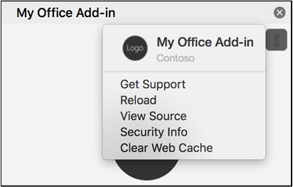 The "Clear web cache" option on the personality menu of an add-in's task pane.