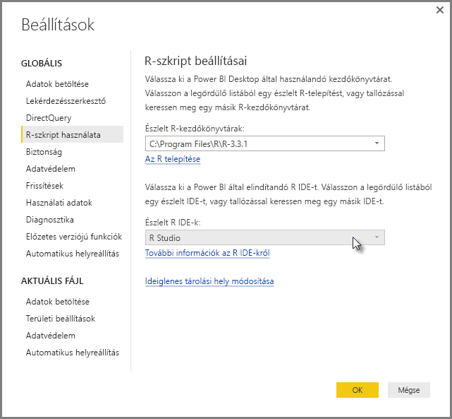 Screenshot of the Options dialog, showing R Studio is entered in the Detected R I D E field.