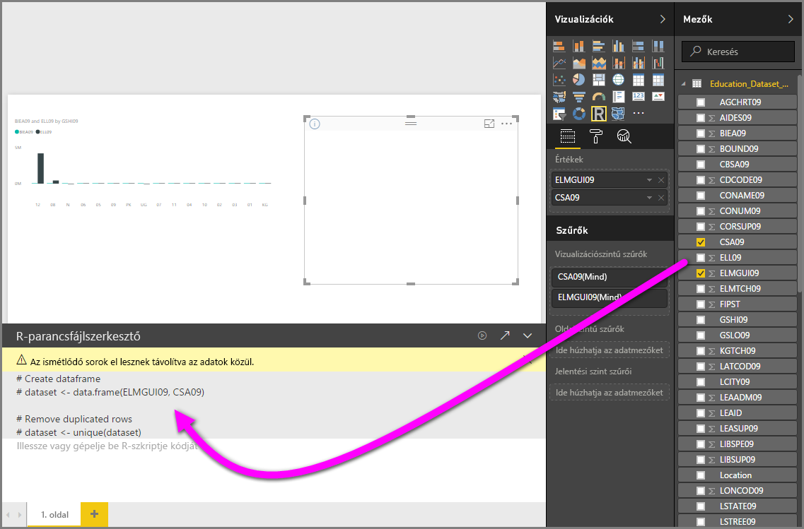 Screenshot of the Visualization pane, showing a blank R visual with script in the R script editor.