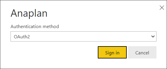 Az Anaplan Authentication metódus párbeszédpanel egy legördülő listával és a Bejelentkezés gombbal.