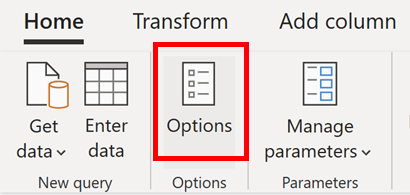 Képernyőkép a Beállítások ikonról és a Kijelölésről a Power Query Kezdőlap lapján.