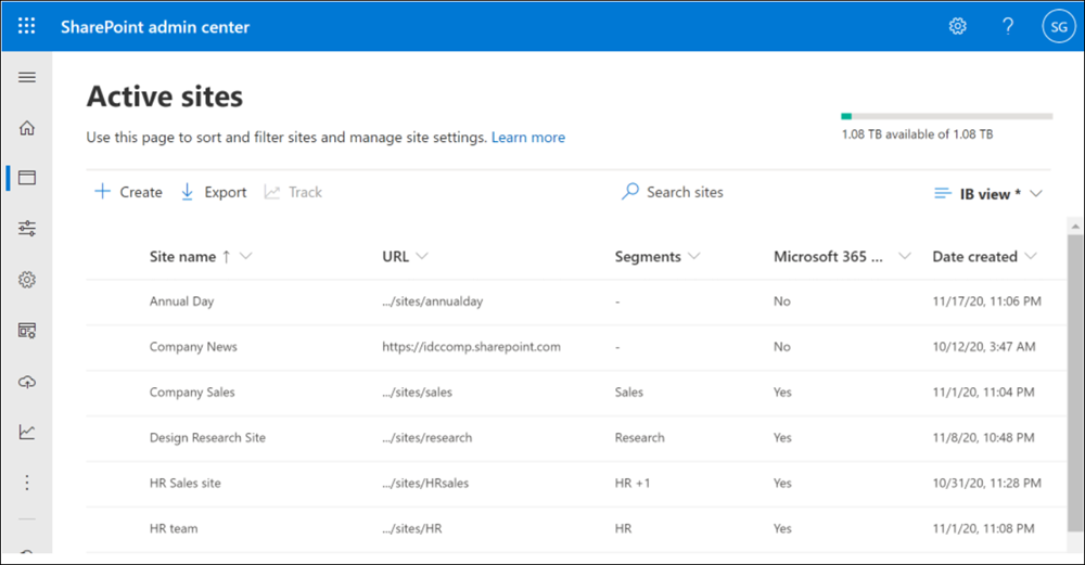 Segments column on the Active sites page.