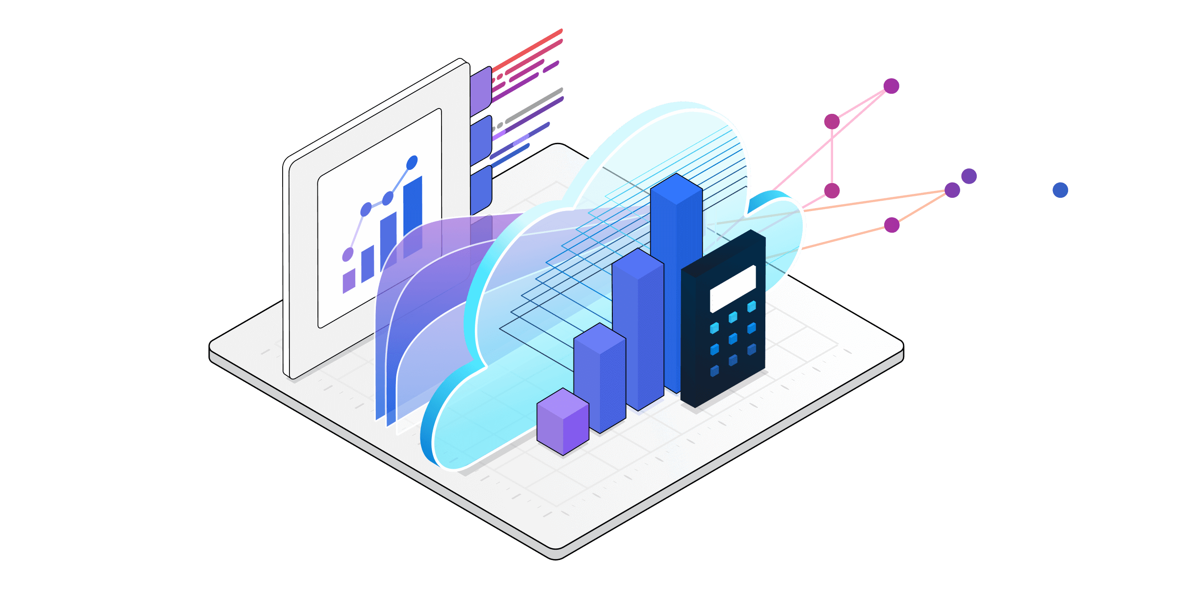 A Dynamics 365-szolgáltatások műszaki összetevőinek izometrikus illusztrációja.