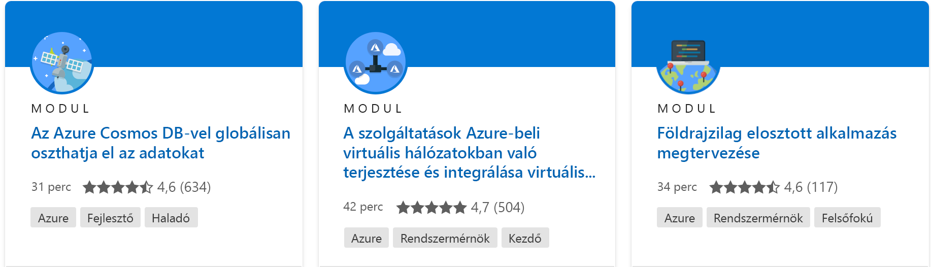 Képernyőkép egyetlen modulról, minden részlettel, a Microsoft Learn webhelyéről