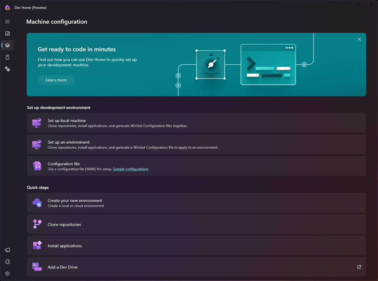 Képernyőkép a Dev Home Machine konfigurációs eszközéről.