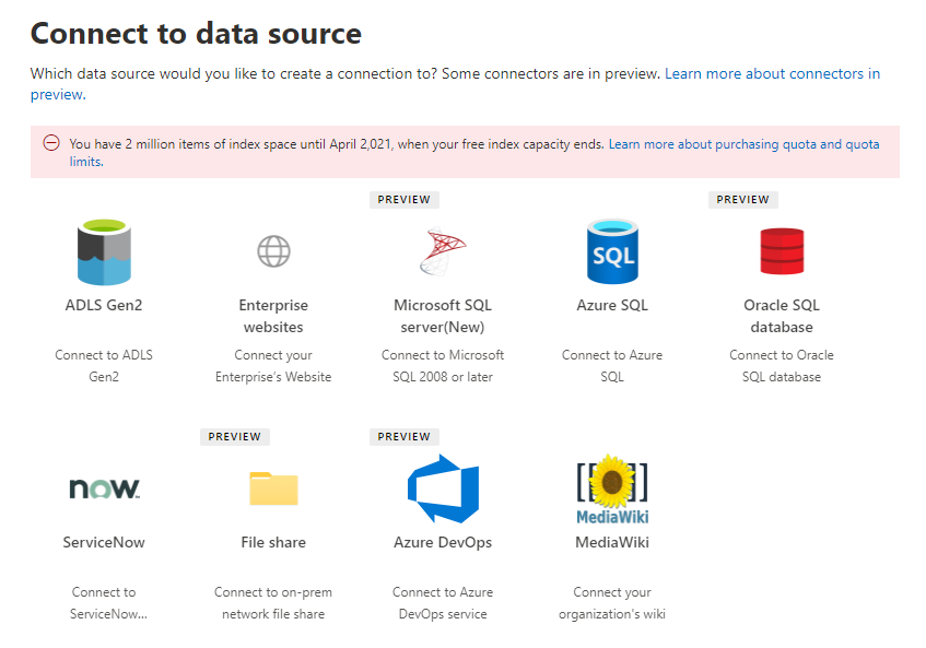 Data sources available include: ADLS Gen2, Enterprise websites, Microsoft SQL server, Azure SQL, Oracle SQL database, ServiceNow Knowledge, ServiceNow Catalog, File share, Azure DevOps, and MediaWiki.