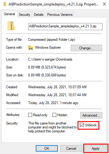 Cuplikan layar properti file .zip.