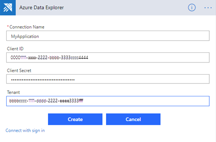 Cuplikan layar koneksi Azure Data Explorer, memperlihatkan kotak dialog autentikasi aplikasi.