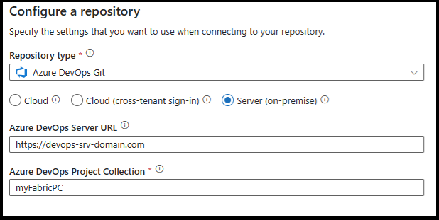 Cuplikan layar memperlihatkan ADO mengonfigurasi repositori menggunakan server.