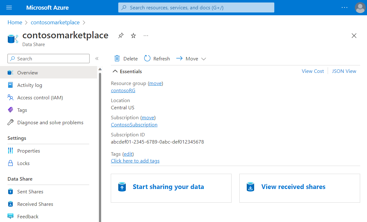 Cuplikan layar halaman gambaran umum Azure Data Share di portal Azure.