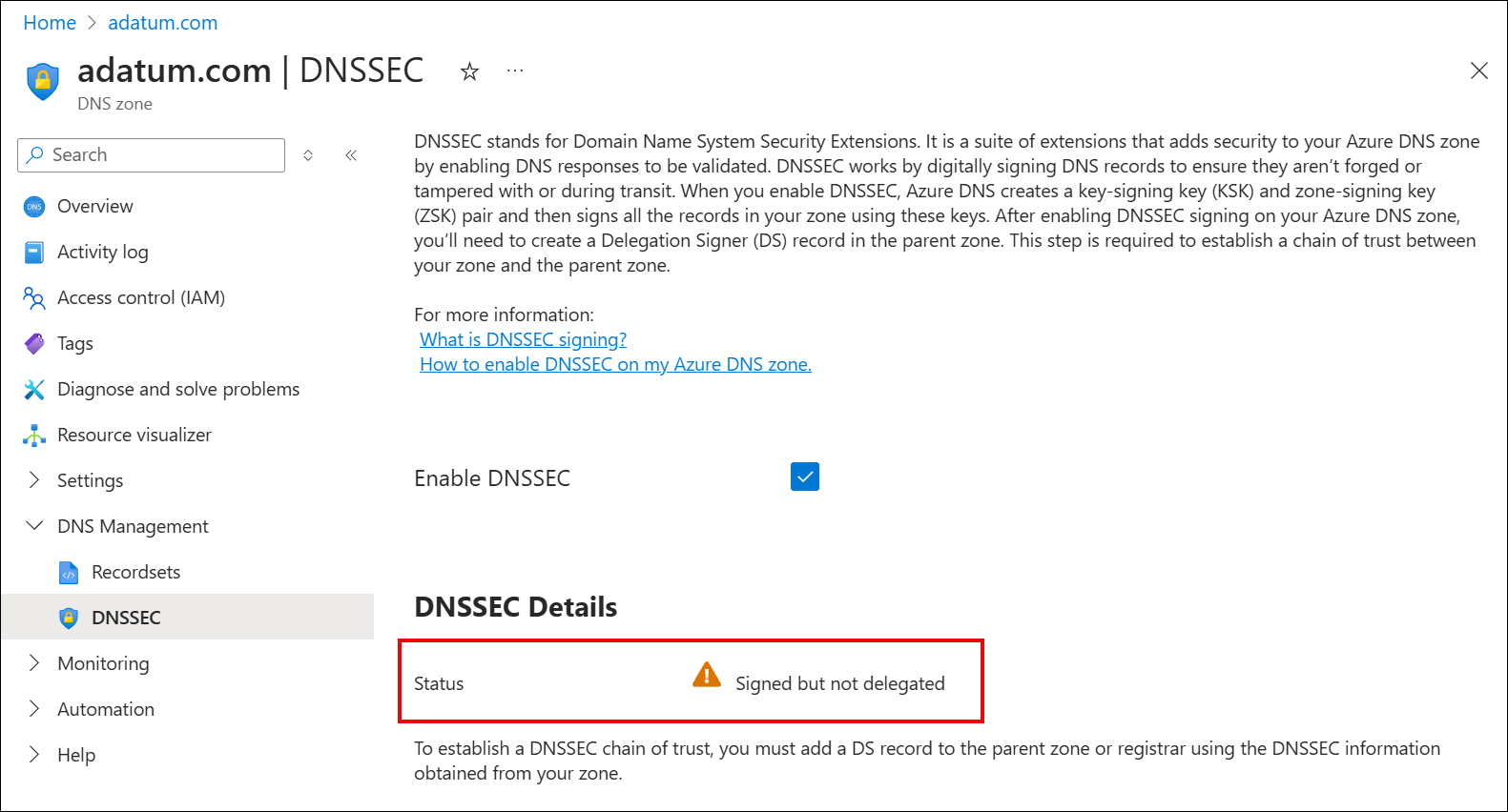 Cuplikan layar mengonfirmasi untuk menonaktifkan DNSSEC.