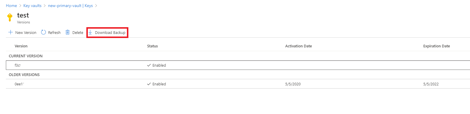 Cuplikan layar memperlihatkan tempat untuk memilih tombol Unduh Microsoft Azure Backup di brankas kunci.