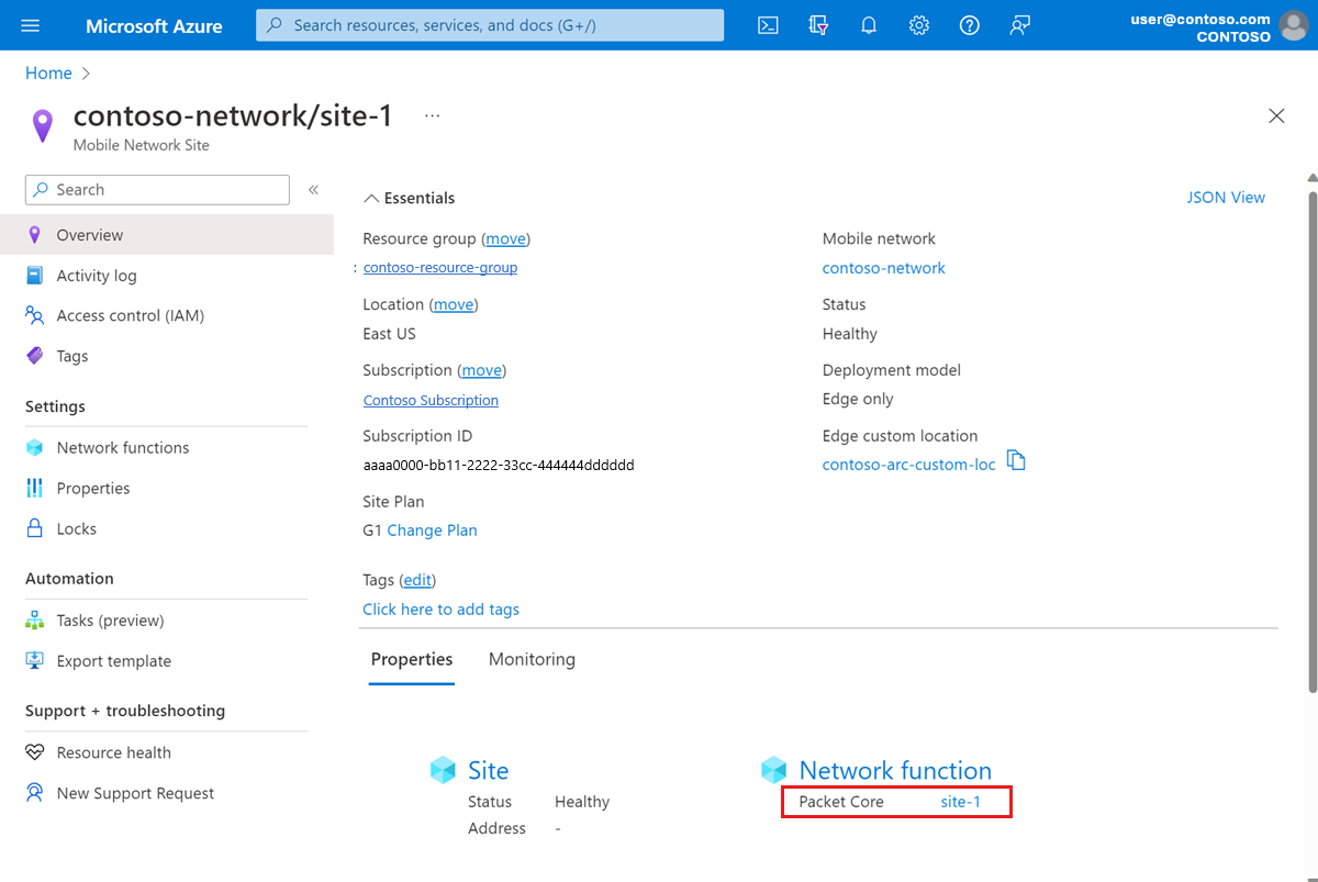 Cuplikan layar portal Azure memperlihatkan bidang Packet Core.