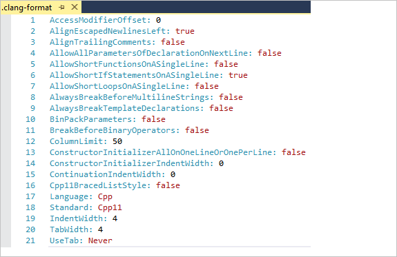 Cuplikan layar memperlihatkan file berformat .clang yang memiliki banyak opsi seperti batas kolom, lebar inden, lebar tab, dan sebagainya.