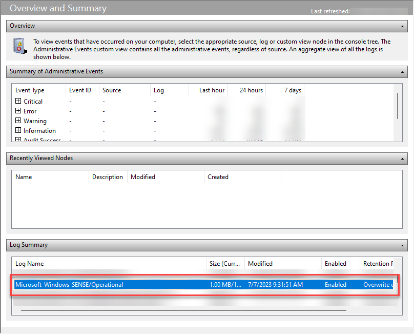 Screenshot of Event Viewer with log summary section