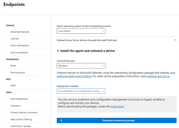 Screenshot showing MDE onboarding screen to use Ansible.