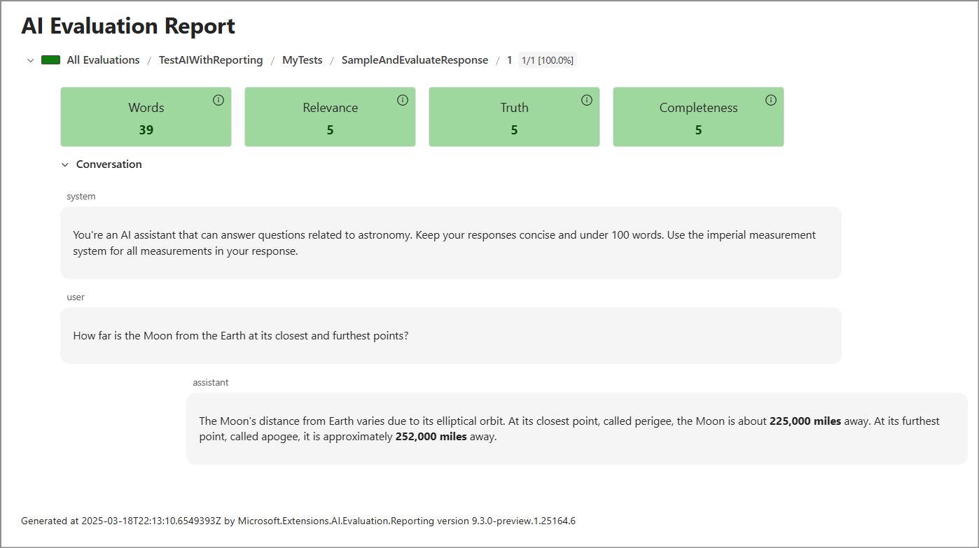 Screenshot of the evaluation report showing the conversation and metric values.