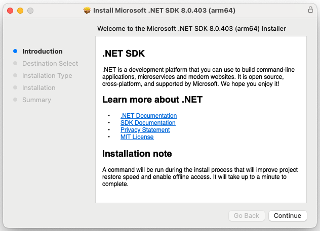 Cuplikan layar yang hanya menampilkan penginstal .NET yang berjalan di macOS.