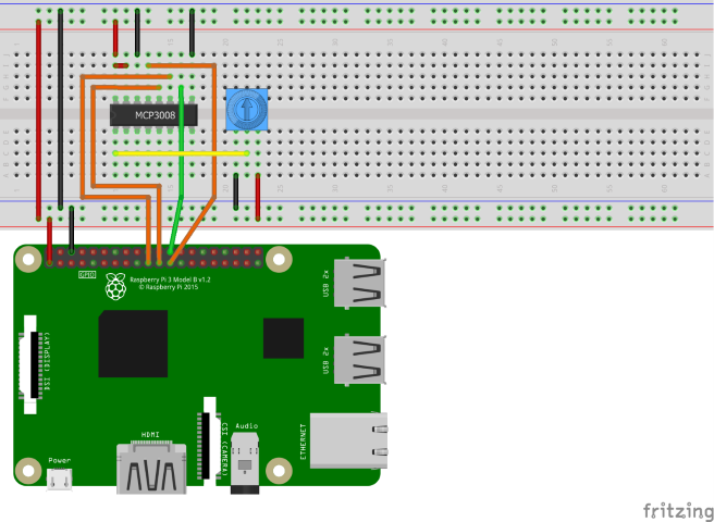 Diagram Fritzing memperlihatkan sirkuit dengan MCP3008 ADC dan potentiometer