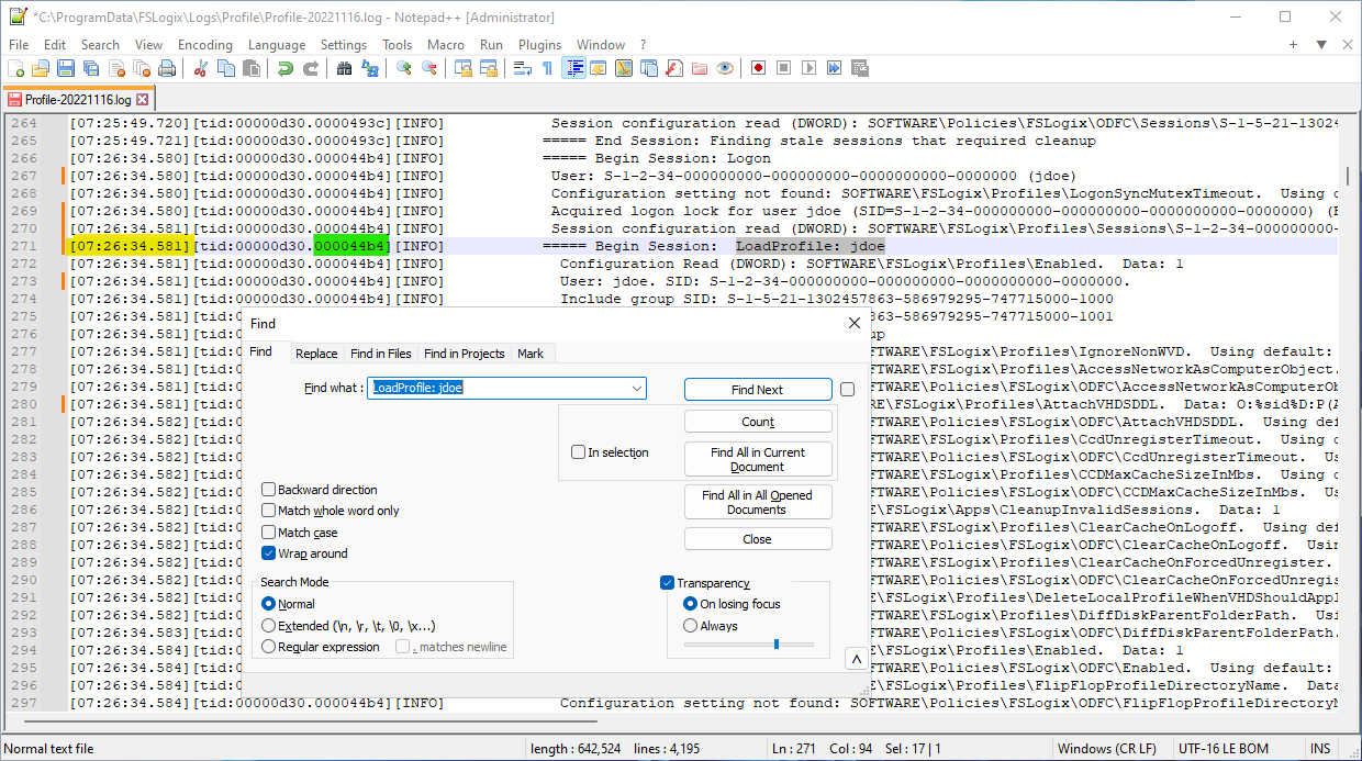 dialog pencarian log profil