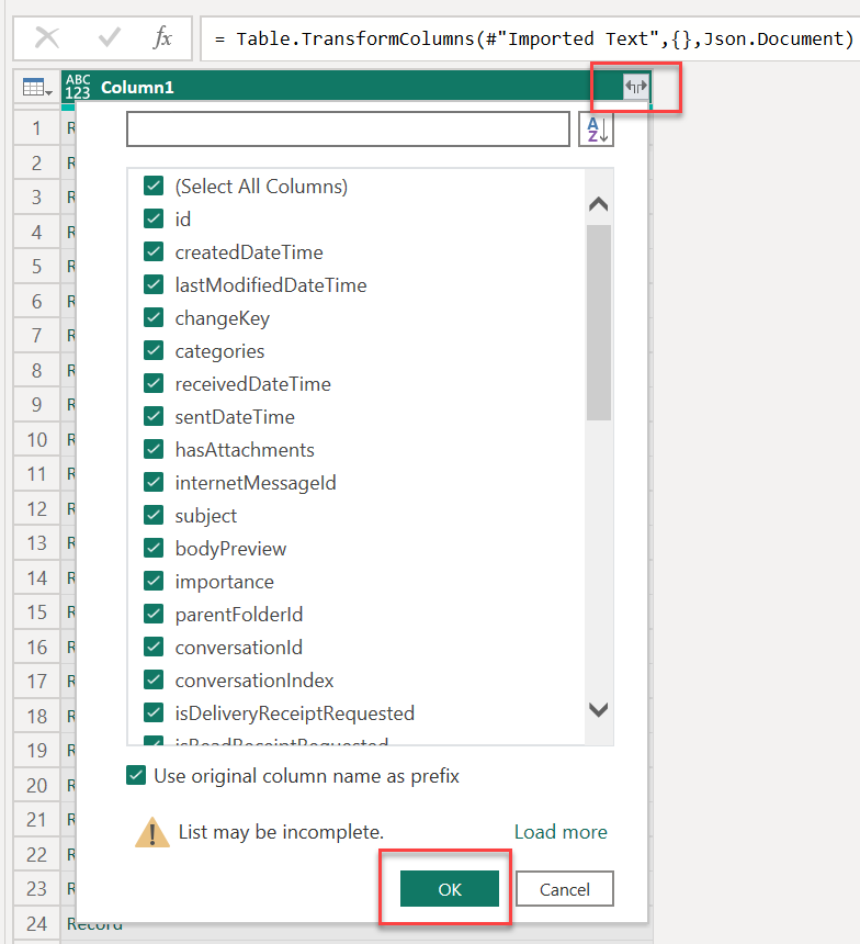 A screenshot that shows how to load all the columns in Power BI.