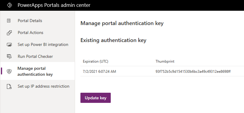 Rincian kunci otentikasi di Pusat admin portal Power Apps.