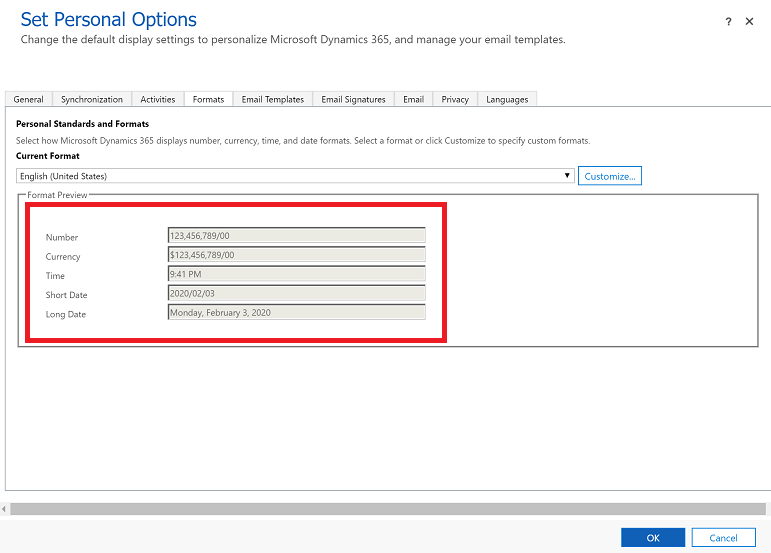 Tangkapan layar halaman Opsi Pribadi, yang menampilkan pengaturan format default.