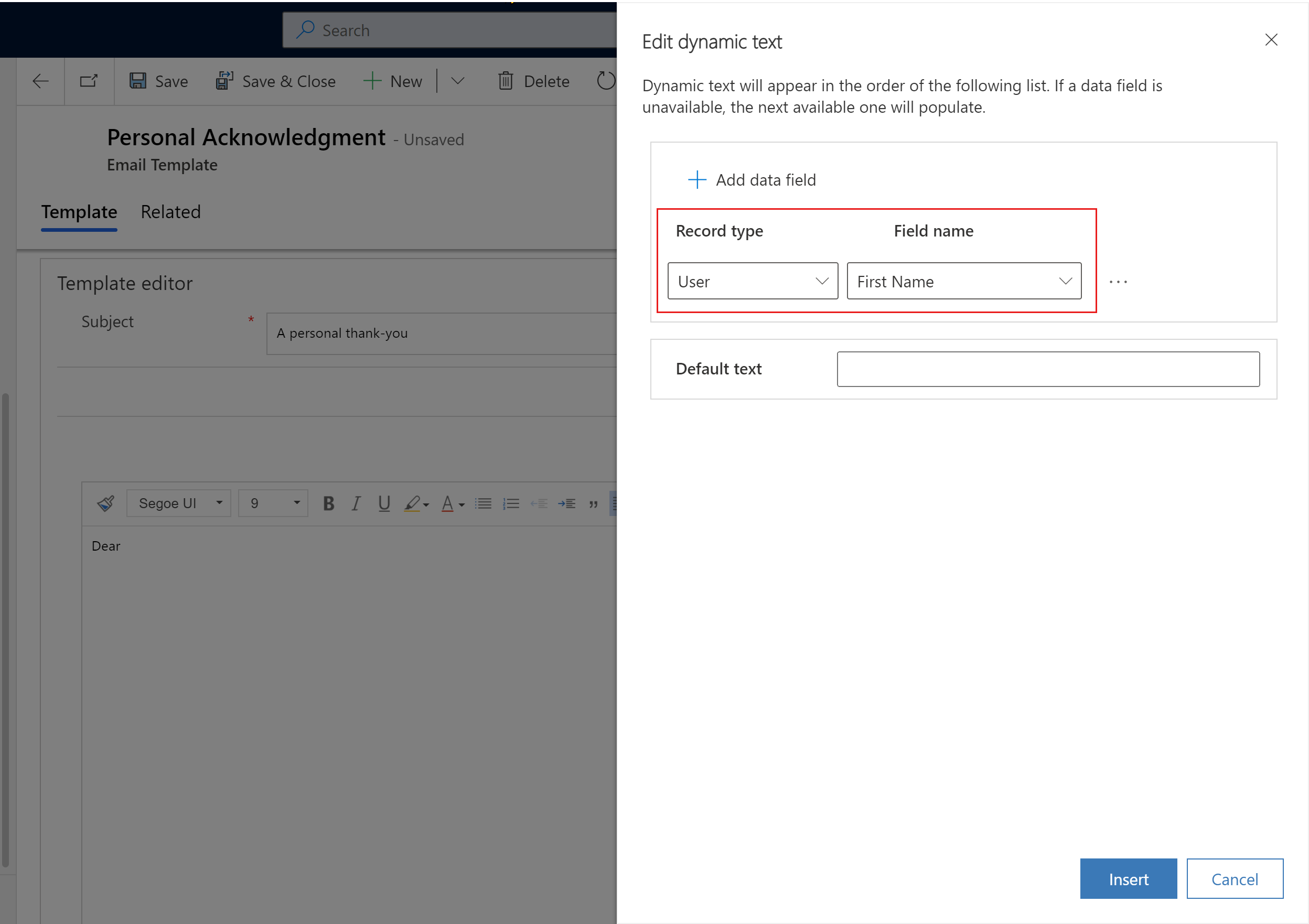 Panel Edit teks dinamis, dengan jenis rekaman dan Nama bidang disorot.