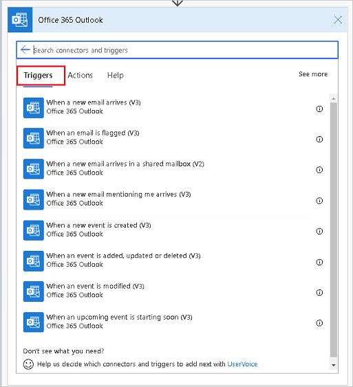 Cuplikan layar sebagian pemicu Office 365 Outlook.