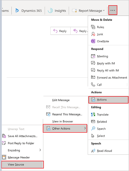 Tangkapan layar yang menampilkan langkah-langkah untuk melihat menu 'Tindakan Lainnya' di Outlook.