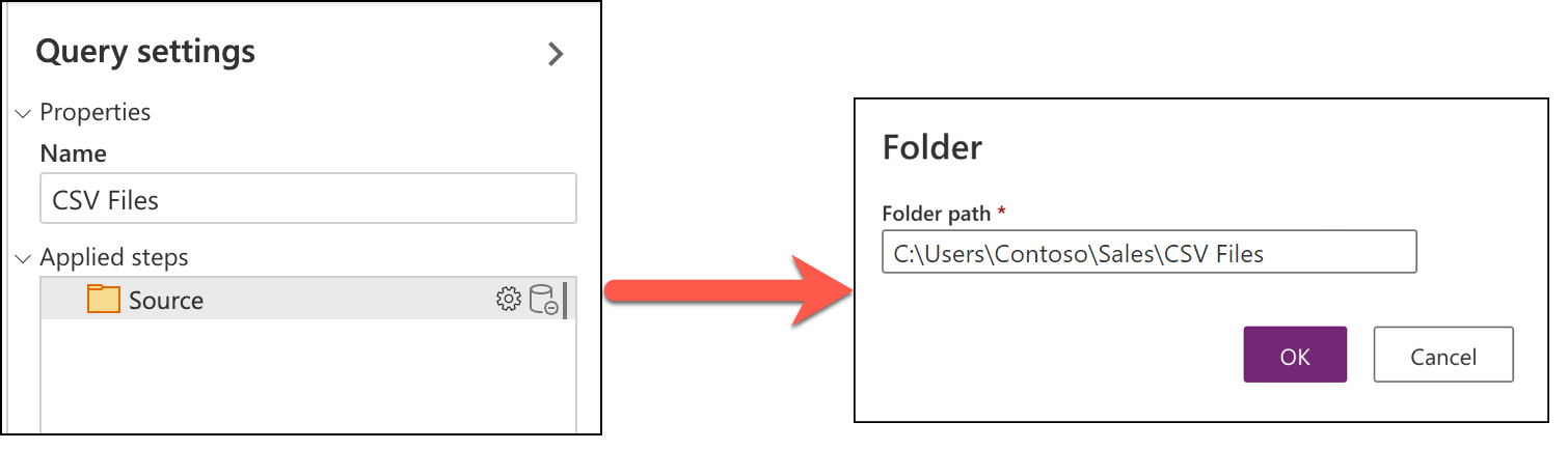 Cuplikan layar dialog Pengaturan kueri dengan Sumber ditekankan dan jalur Folder yang terkait dengan sumber.