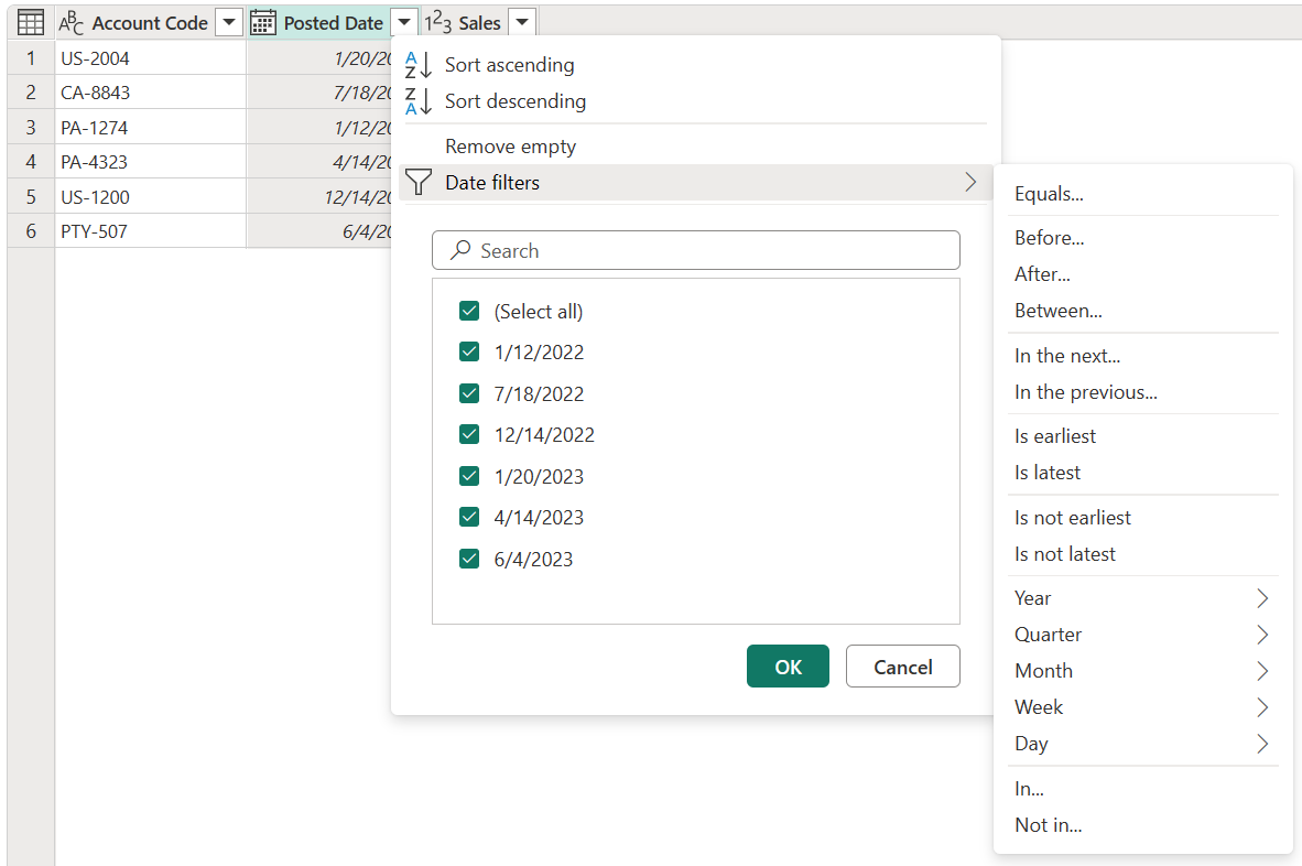 Cuplikan layar item menu yang berisi perintah dan filter yang khusus untuk kolom yang berisi data dengan jenis data Tanggal.