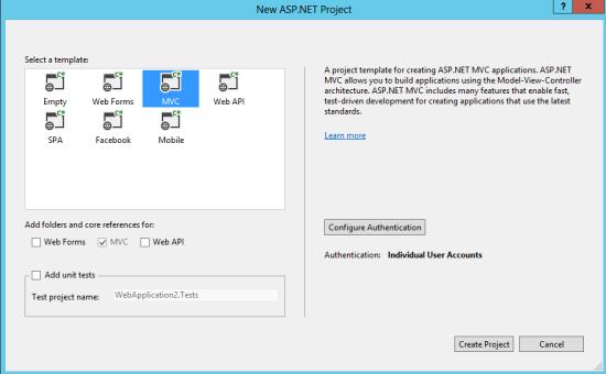 Satu ASP.NET Kotak Dialog Proyek Baru